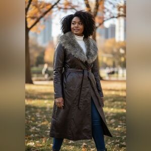 Luxurious Brown Leather Jacket with Faux Fur Trim